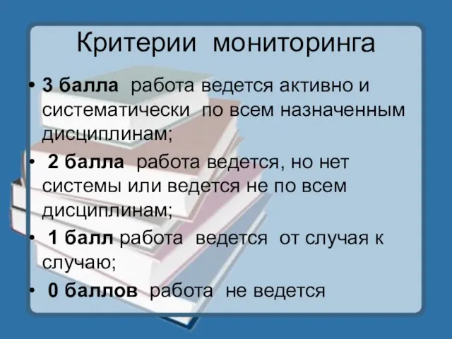 Критерии мониторинга 3 балла работа ведется активно и систематически по всем назначенным