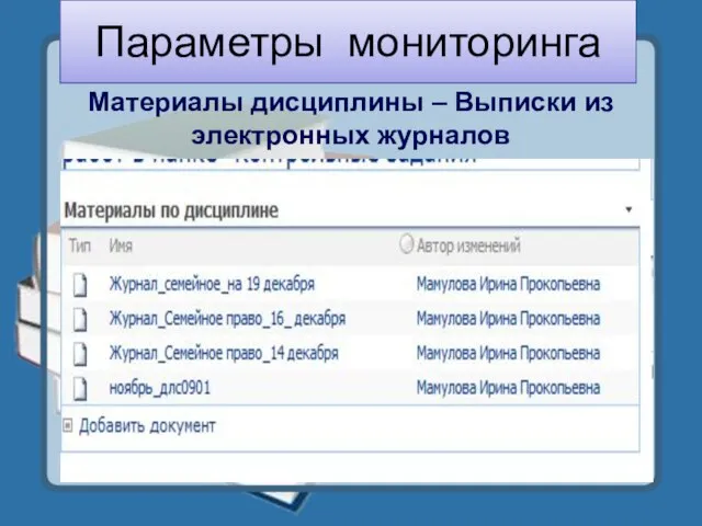 Параметры мониторинга Материалы дисциплины – Выписки из электронных журналов