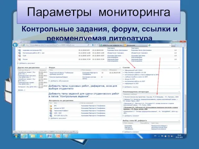 Параметры мониторинга Контрольные задания, форум, ссылки и рекомендуемая литература