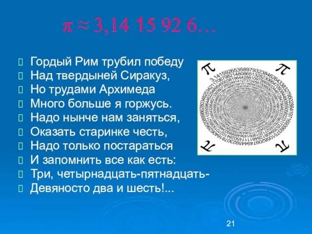 π ≈ 3,14 15 92 6… Гордый Рим трубил победу Над твердыней