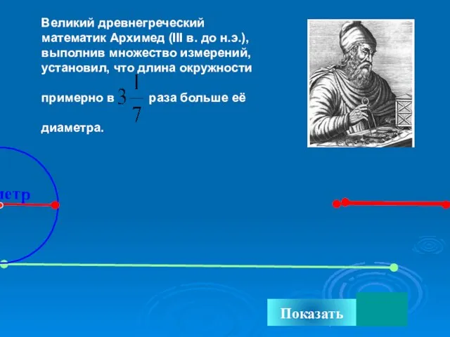 Показать Великий древнегреческий математик Архимед (III в. до н.э.), выполнив множество измерений,