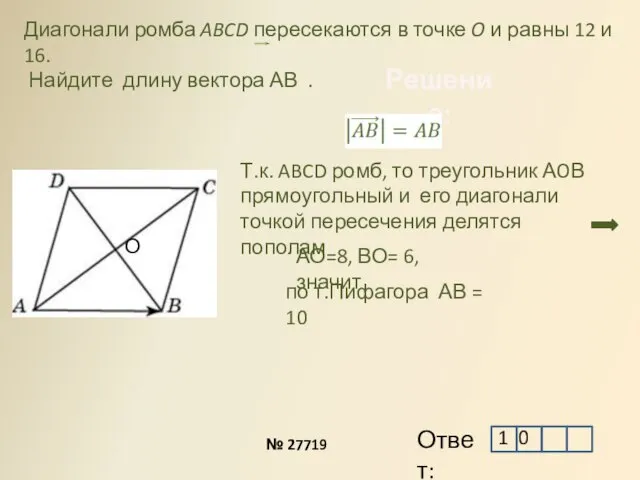 Решение: Диагонали ромба ABCD пересекаются в точке O и равны 12 и