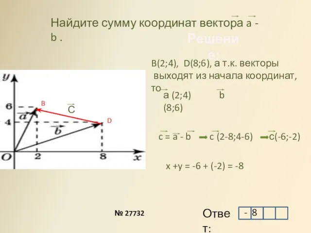 Найдите сумму координат вектора a - b . B D B(2;4), D(8;6),