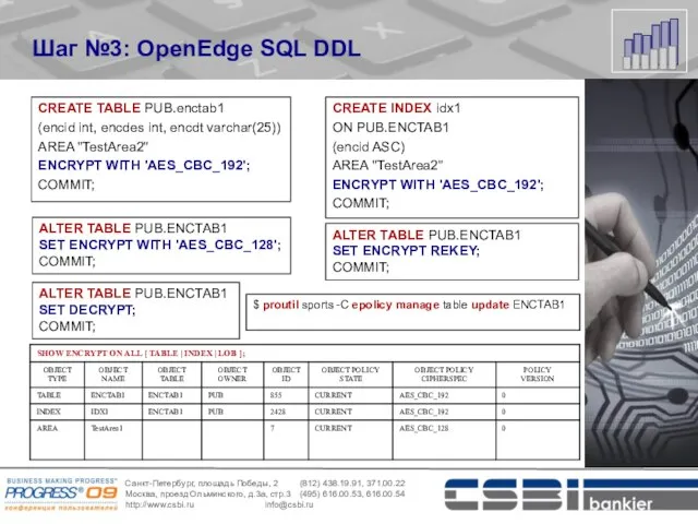 Шаг №3: OpenEdge SQL DDL CREATE TABLE PUB.enctab1 (encid int, encdes int,