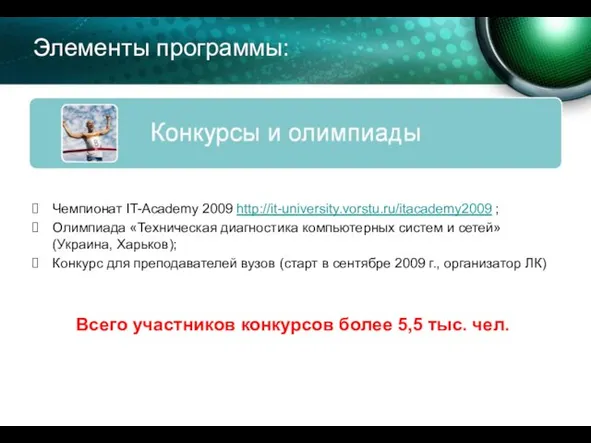 Элементы программы: Чемпионат IT-Academy 2009 http://it-university.vorstu.ru/itacademy2009 ; Олимпиада «Техническая диагностика компьютерных систем