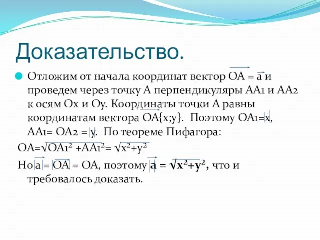 Доказательство. Отложим от начала координат вектор ОА = а и проведем через