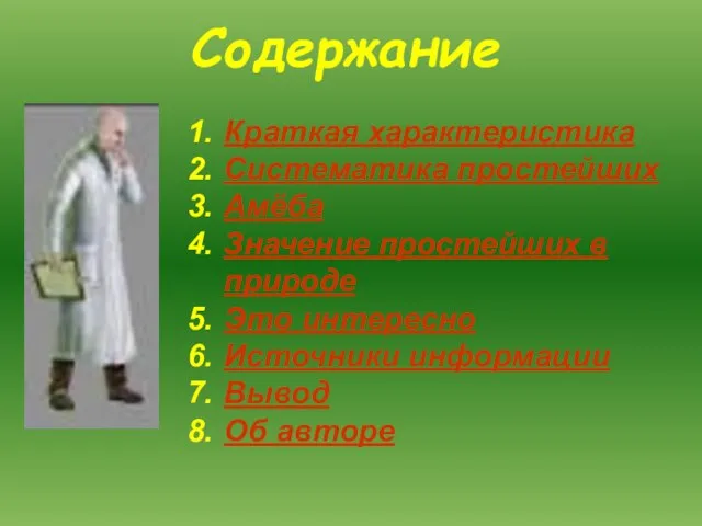 Содержание Краткая характеристика Систематика простейших Амёба Значение простейших в природе Это интересно