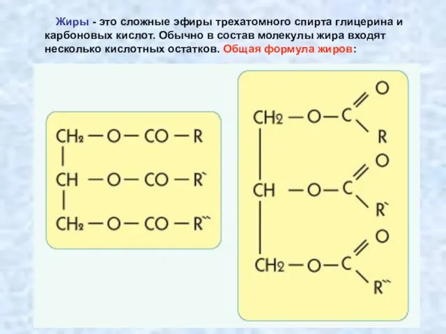 Жиры - это сложные эфиры трехатомного спирта глицерина и карбоновых кислот. Обычно