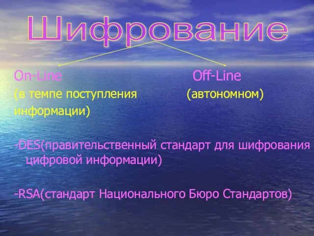 On-Line Off-Line (в темпе поступления (автономном) информации) -DES(правительственный стандарт для шифрования цифровой