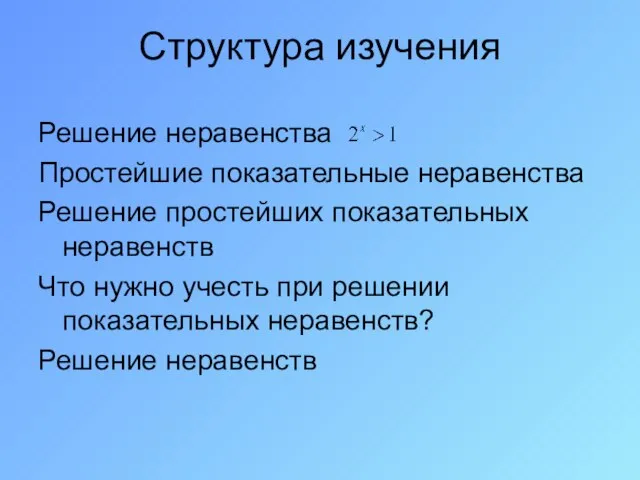 Структура изучения Решение неравенства Простейшие показательные неравенства Решение простейших показательных неравенств Что