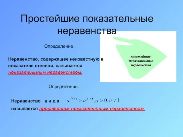 Простейшие показательные неравенства Определение: Неравенство, содержащее неизвестную в показателе степени, называется показательным