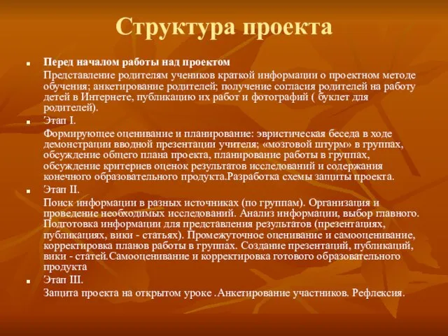 Структура проекта Перед началом работы над проектом Представление родителям учеников краткой информации