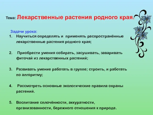 Тема: Лекарственные растения родного края. Задачи урока: Научиться определять и применять распространённые