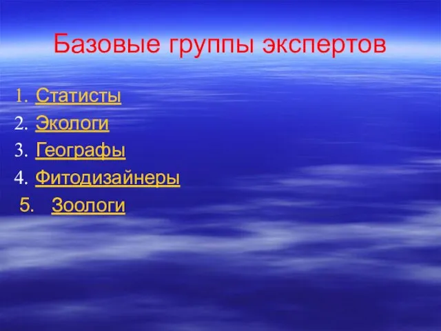 Базовые группы экспертов Статисты Экологи Географы Фитодизайнеры 5. Зоологи