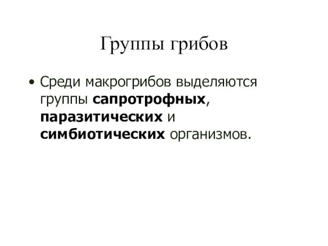 Группы грибов Среди макрогрибов выделяются группы сапротрофных, паразитических и симбиотических организмов.