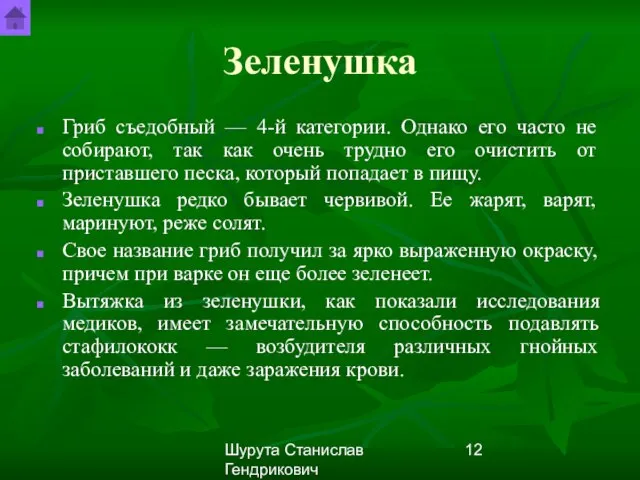 Шурута Станислав Гендрикович Зеленушка Гриб съедобный — 4-й категории. Однако его часто