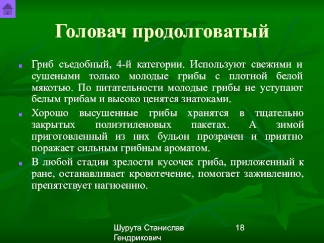 Шурута Станислав Гендрикович Головач продолговатый Гриб съедобный, 4-й категории. Используют свежими и