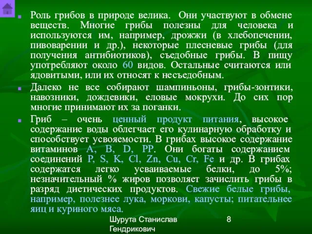 Шурута Станислав Гендрикович Роль грибов в природе велика. Они участвуют в обмене