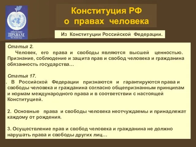 Конституция РФ о правах человека Из Конституции Российской Федерации. Статья 2. Человек,