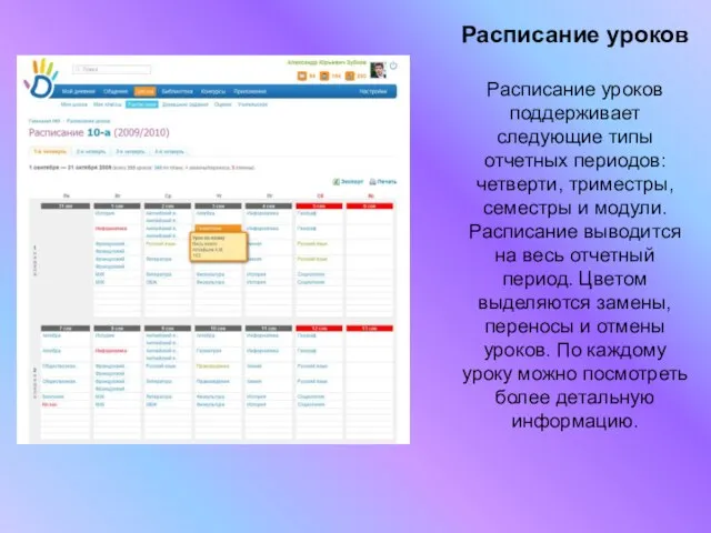 Расписание уроков Расписание уроков поддерживает следующие типы отчетных периодов: четверти, триместры, семестры