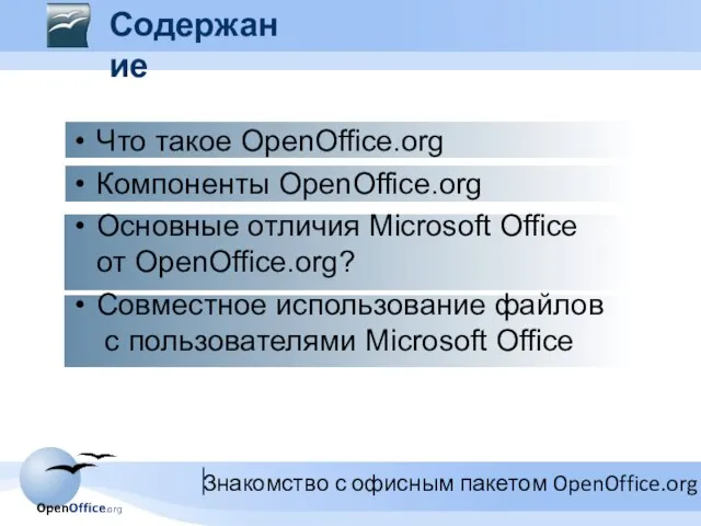 Что такое OpenOffice.org Компоненты OpenOffice.org Основные отличия Microsoft Office от OpenOffice.org? Совместное