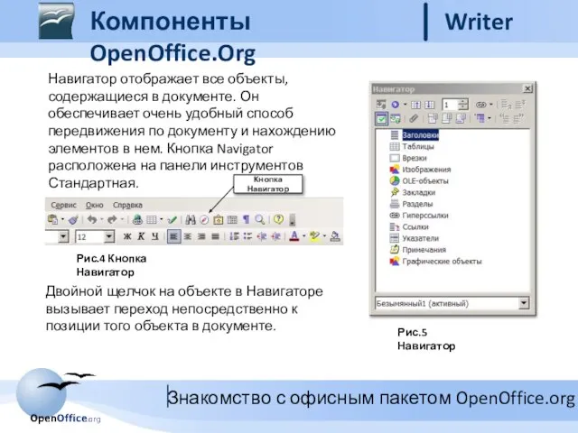 Компоненты OpenOffice.Org Writer Навигатор отображает все объекты, содержащиеся в документе. Он обеспечивает