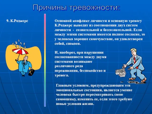 9. К.Роджерс Причины тревожности: Основной конфликт личности и основную тревогу К.Роджерс выводит