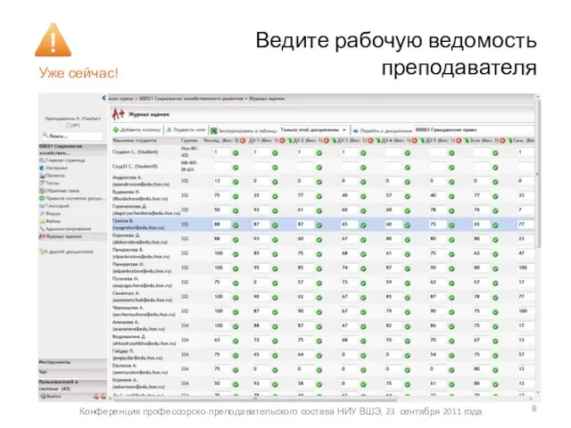 Ведите рабочую ведомость преподавателя Уже сейчас! Конференция профессорско-преподавательского состава НИУ ВШЭ, 23 сентября 2011 года