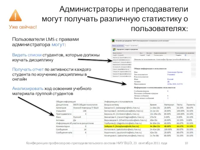 Администраторы и преподаватели могут получать различную статистику о пользователях: Уже сейчас! Пользователи