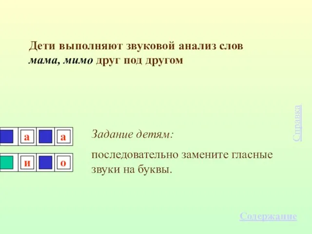 Дети выполняют звуковой анализ слов мама, мимо друг под другом Задание детям: