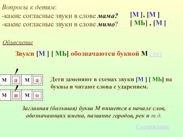 Объяснение Звуки [М ] [ МЬ] обозначаются буквой М (эм) Дети заменяют