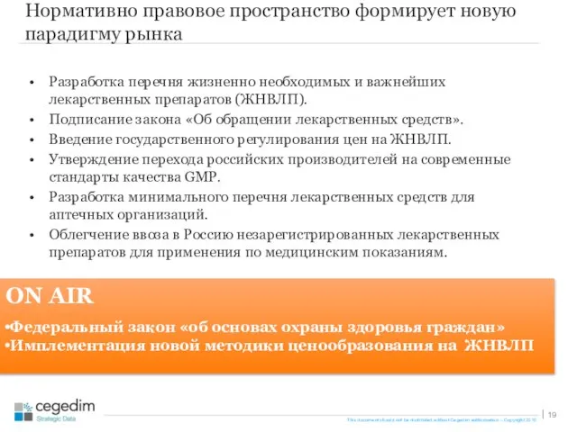 Нормативно правовое пространство формирует новую парадигму рынка Разработка перечня жизненно необходимых и