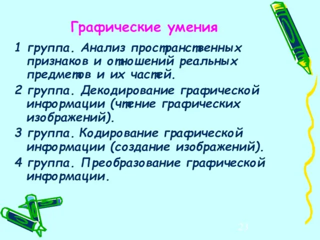 Графические умения 1 группа. Анализ пространственных признаков и отношений реальных предметов и