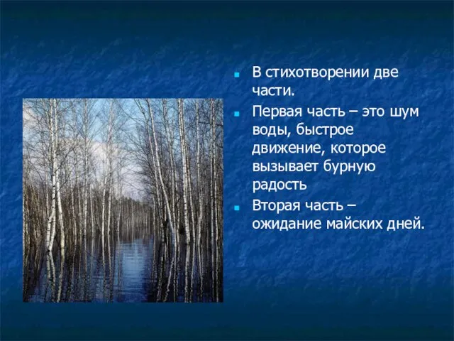 В стихотворении две части. Первая часть – это шум воды, быстрое движение,