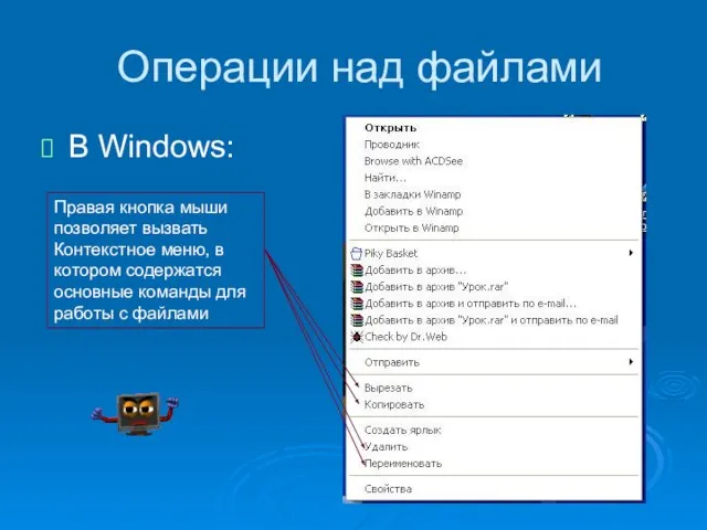 Операции над файлами В Windows: Правая кнопка мыши позволяет вызвать Контекстное меню,