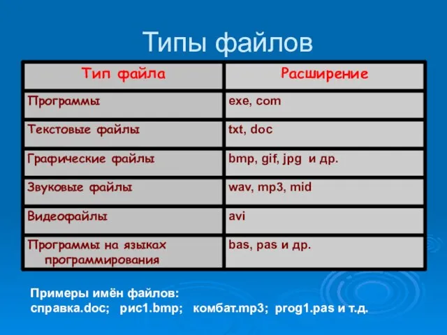 Типы файлов Примеры имён файлов: справка.doc; рис1.bmp; комбат.mp3; prog1.pas и т.д.