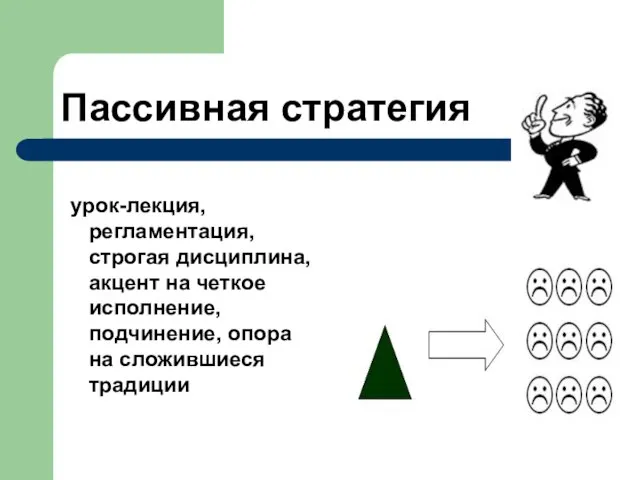 Пассивная стратегия урок-лекция, регламентация, строгая дисциплина, акцент на четкое исполнение, подчинение, опора на сложившиеся традиции