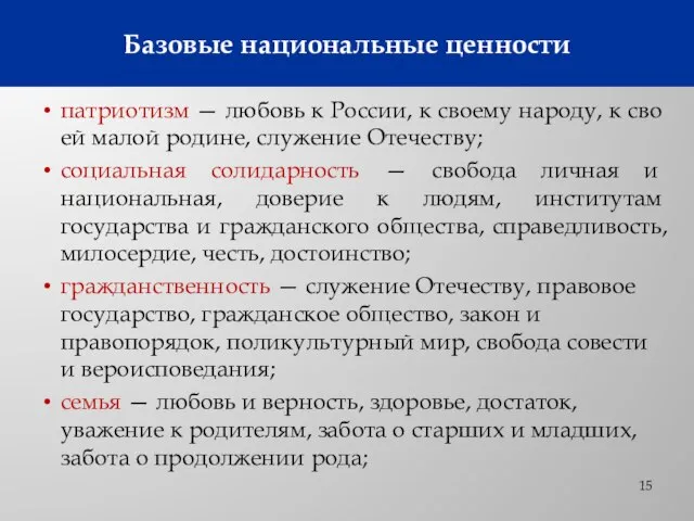 Базовые национальные ценности патриотизм — любовь к России, к своему народу, к