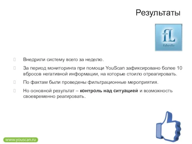 Результаты Внедрили систему всего за неделю. За период мониторинга при помощи YouScan