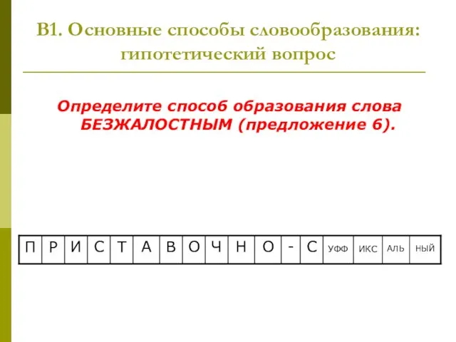 В1. Основные способы словообразования: гипотетический вопрос Определите способ образования слова БЕЗЖАЛОСТНЫМ (предложение 6).