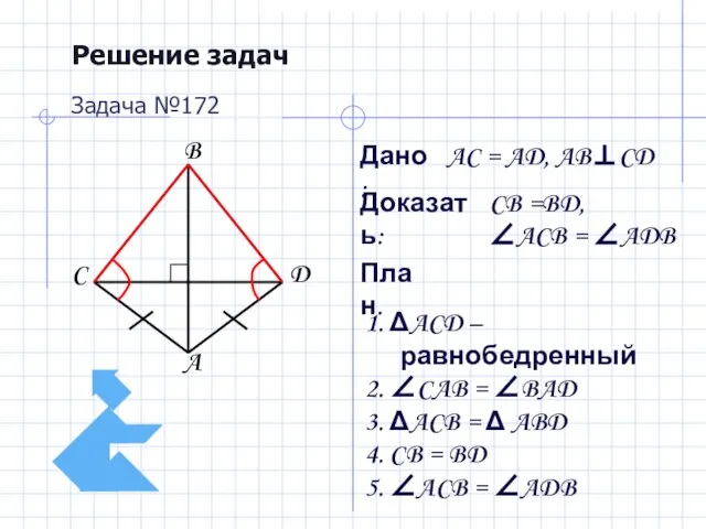 Решение задач Дано: Доказать: План. Задача №172 AC = AD, AB⊥CD CB