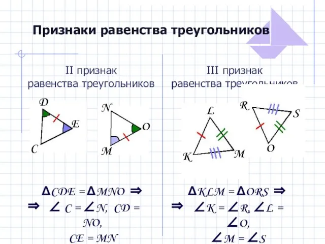 Признаки равенства треугольников II признак равенства треугольников ΔCDE = ΔMNO ⇒ ⇒