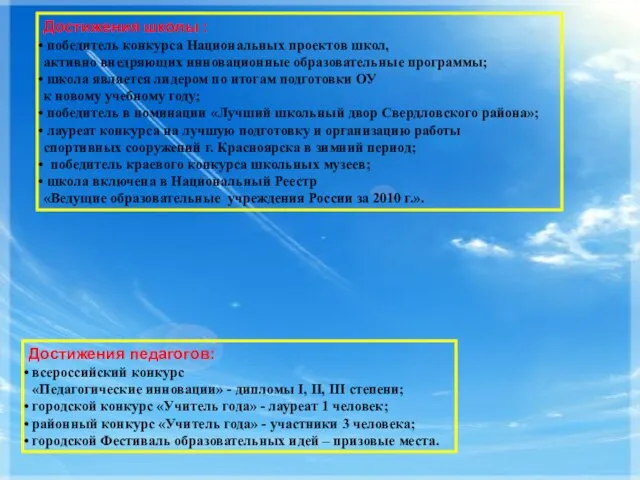 Достижения школы : победитель конкурса Национальных проектов школ, активно внедряющих инновационные образовательные