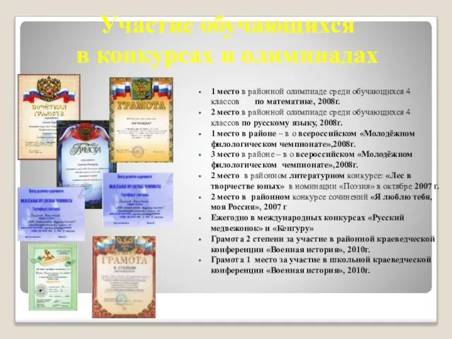 Участие обучающихся в конкурсах и олимпиадах 1 место в районной олимпиаде среди