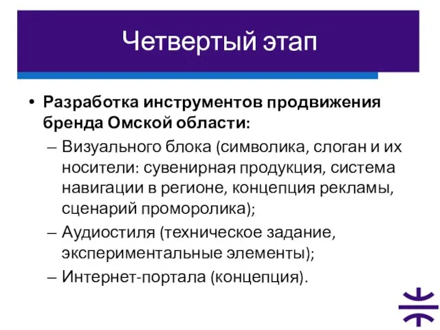 Четвертый этап Разработка инструментов продвижения бренда Омской области: Визуального блока (символика, слоган