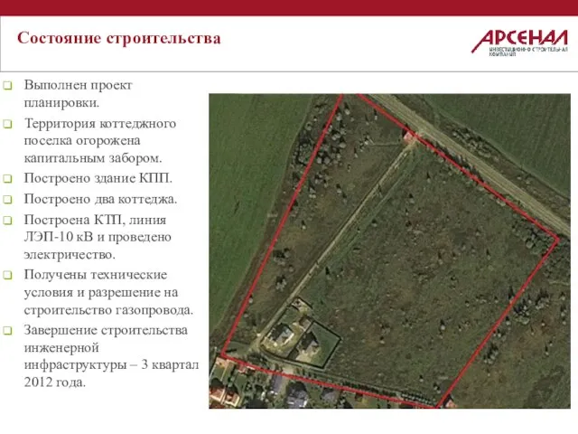 Состояние строительства Выполнен проект планировки. Территория коттеджного поселка огорожена капитальным забором. Построено