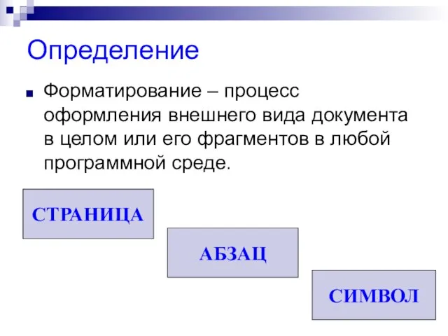 Определение Форматирование – процесс оформления внешнего вида документа в целом или его