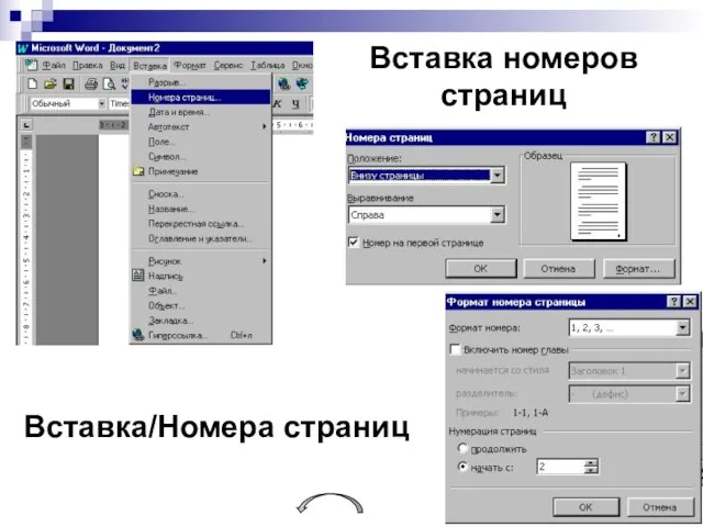 Вставка номеров страниц Вставка/Номера страниц