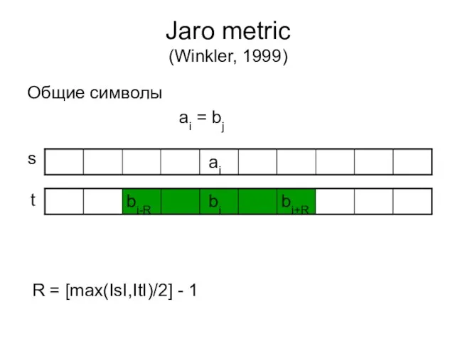 Jaro metric (Winkler, 1999) Общие символы ai = bj R = [max(IsI,ItI)/2] - 1 s t