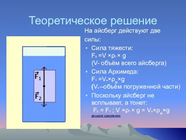 Теоретическое решение На айсберг действуют две силы: Сила тяжести: F2 =V ×ρТ